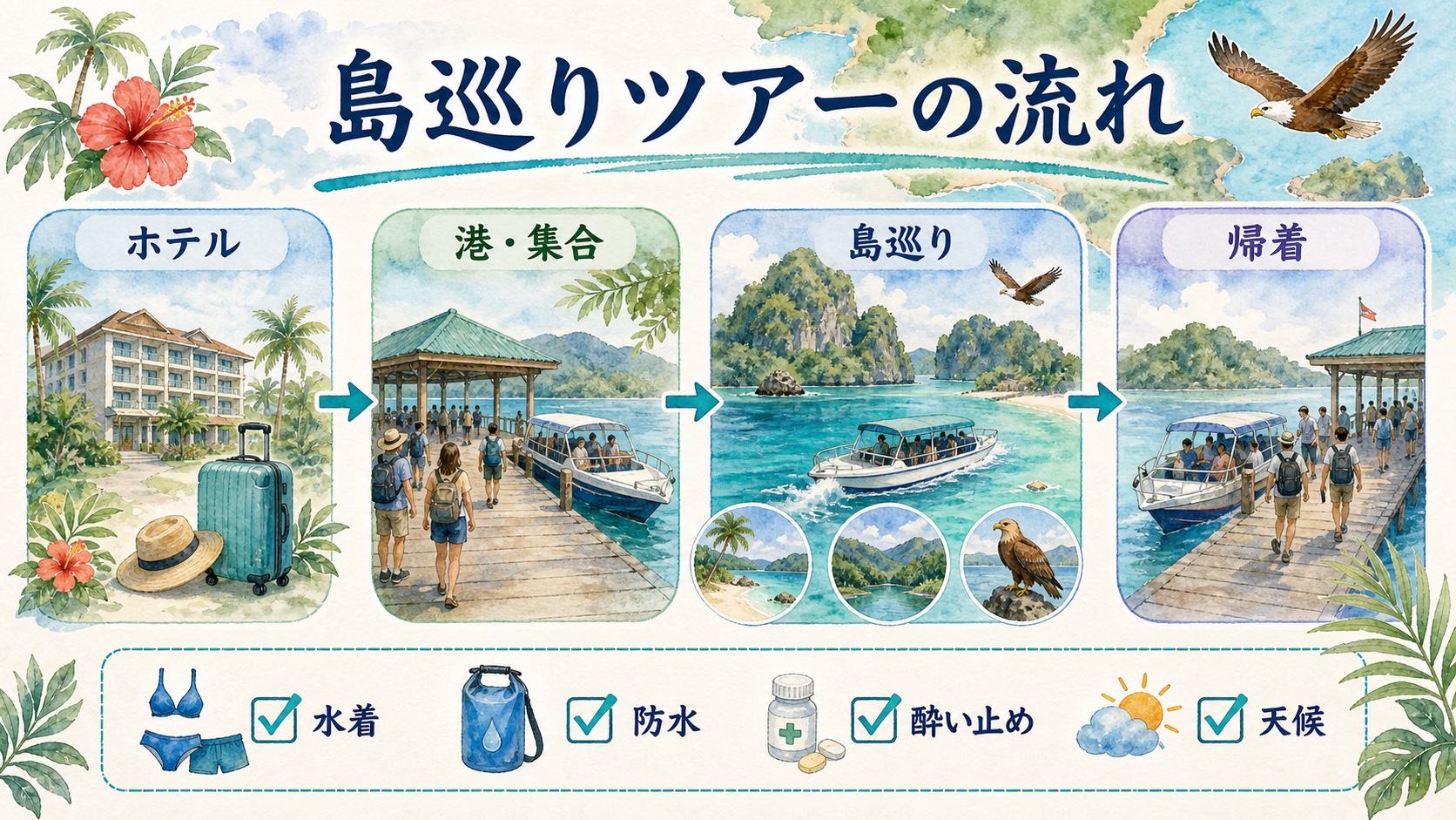 ホテル 港集合 島巡り 帰着の流れと水着 防水 酔い止め 天候をまとめた水彩図解