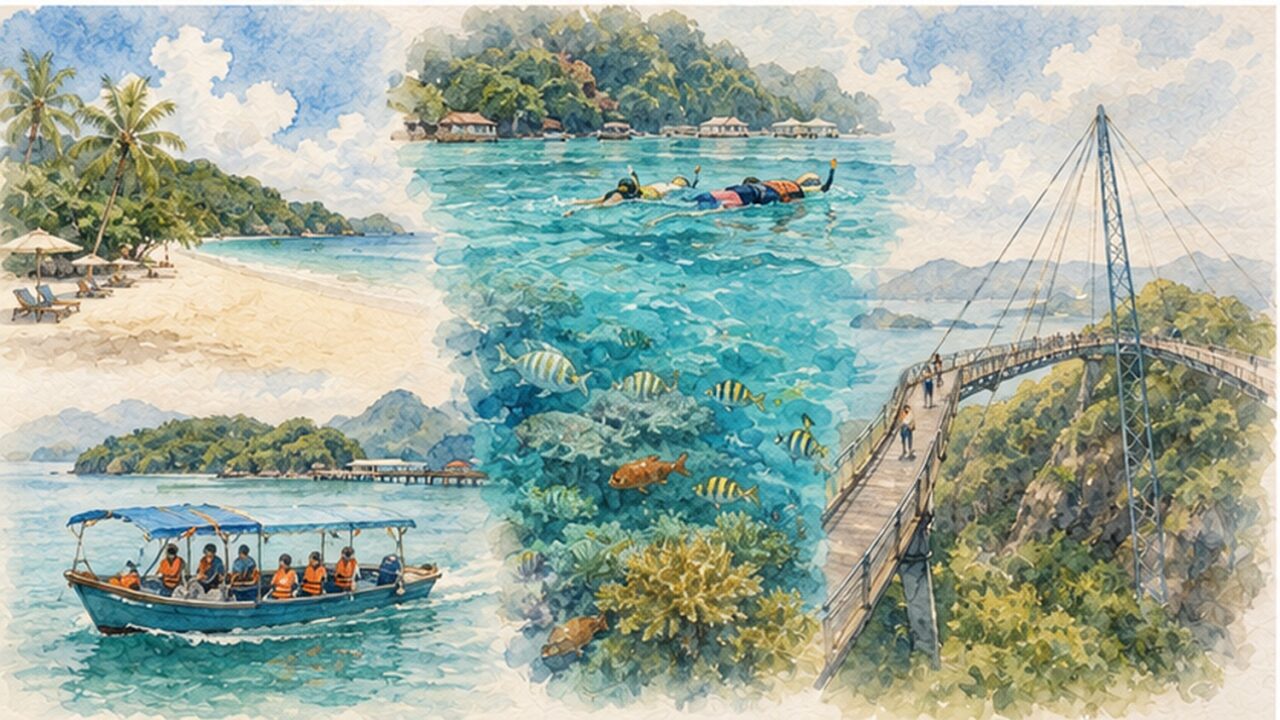 ランカウイ島のビーチ、シュノーケリング、島巡り、スカイブリッジを描いた水彩イメージ