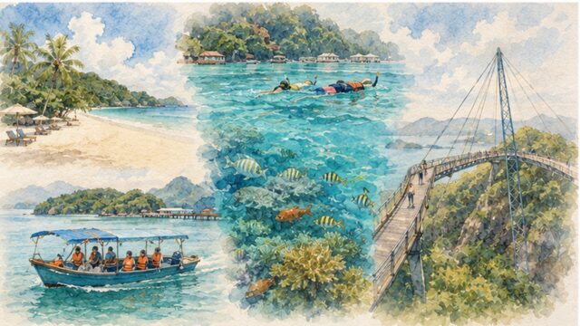 ランカウイ島のビーチ、シュノーケリング、島巡り、スカイブリッジを描いた水彩イメージ