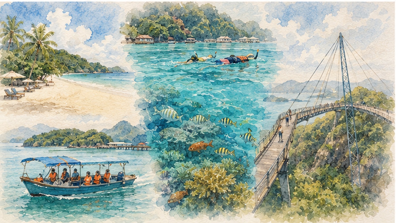 ランカウイ島のビーチ、シュノーケリング、島巡り、スカイブリッジを描いた水彩イメージ