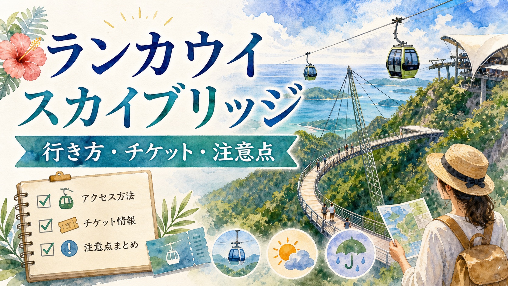 ランカウイのスカイブリッジとSkyCabを描いた行き方 チケット 注意点の水彩アイキャッチ