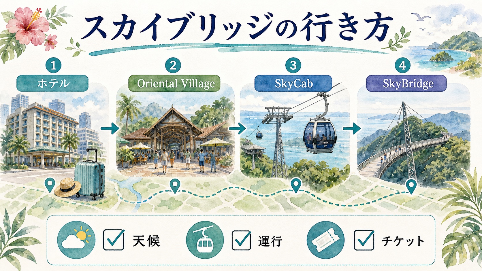 ホテルからOriental Village SkyCab SkyBridgeへ向かう流れと天候 運行 チケット確認をまとめた水彩図解