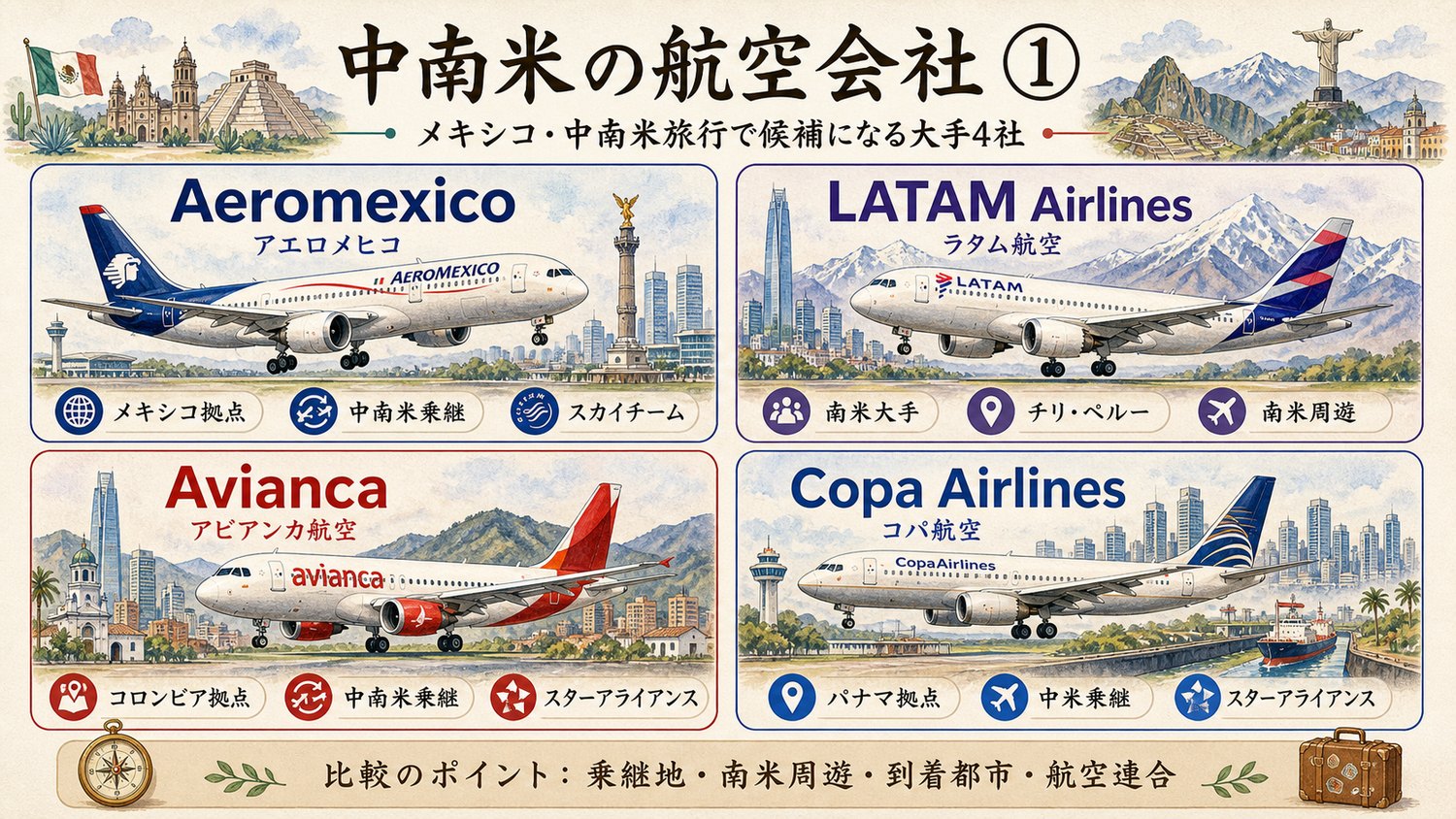 メキシコや中南米旅行で候補になる航空会社を比較したイメージ図