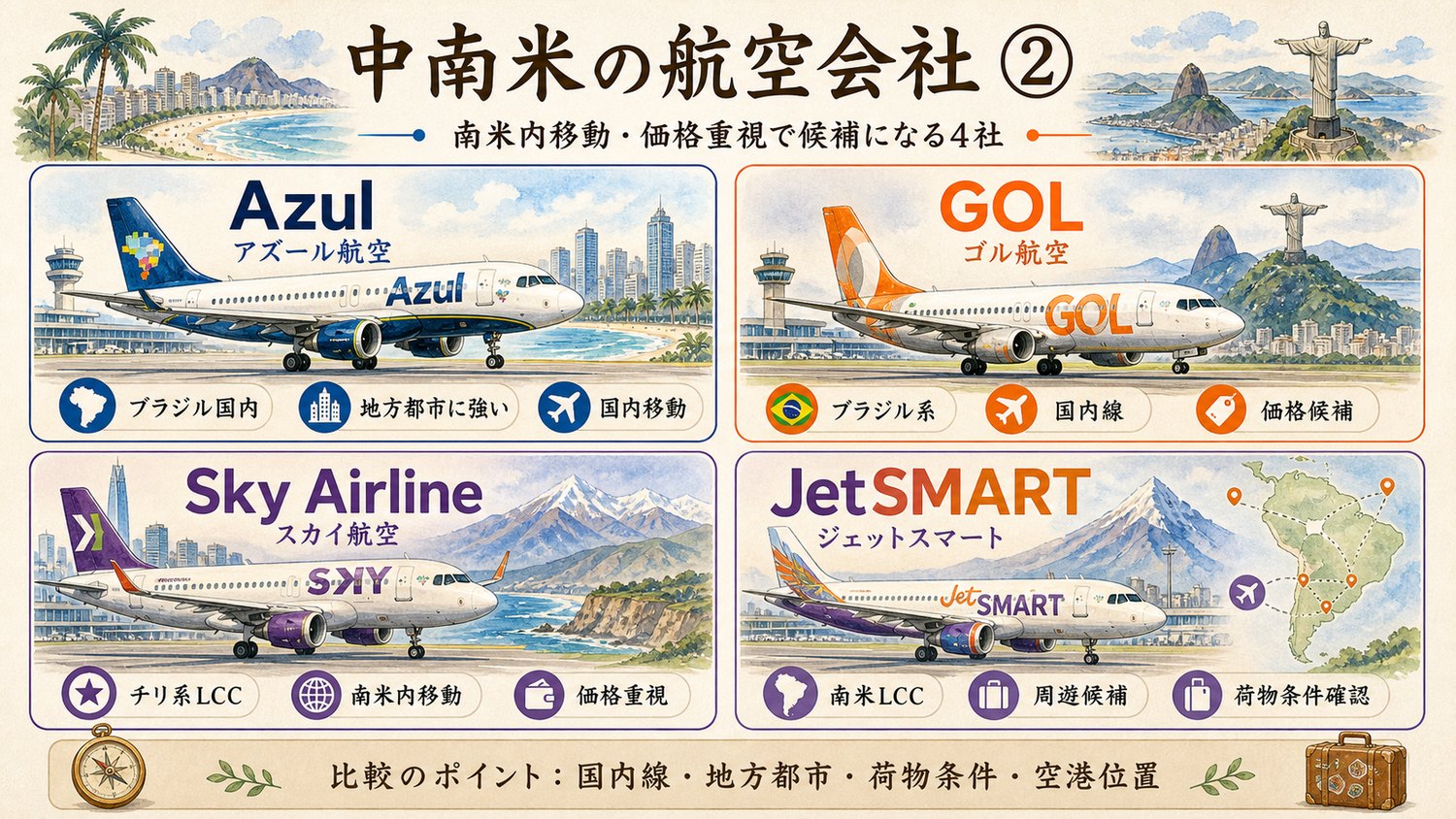 南米内移動や価格重視で候補になる航空会社を比較したイメージ図