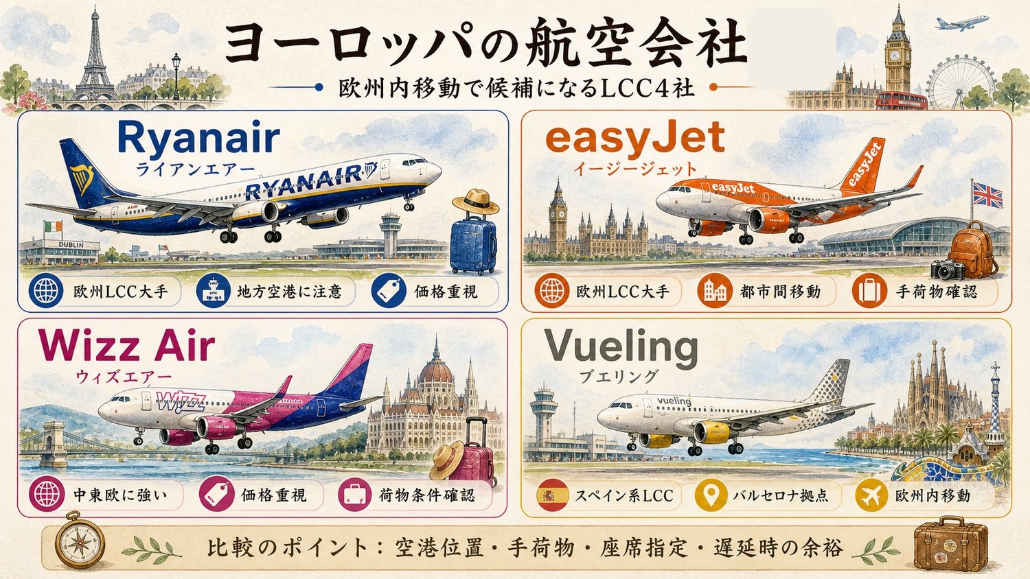 Ryanair、easyJet、Wizz Air、Vuelingを比較したヨーロッパのLCCイメージ図
