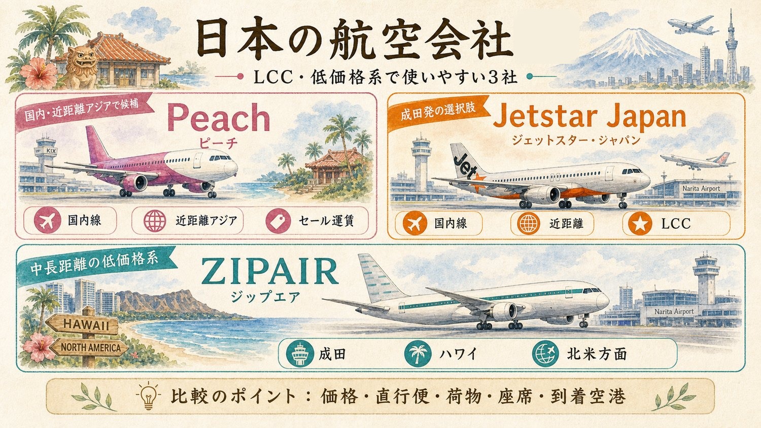 Peach、Jetstar Japan、ZIPAIRを比較した日本のLCC・低価格系航空会社イメージ図