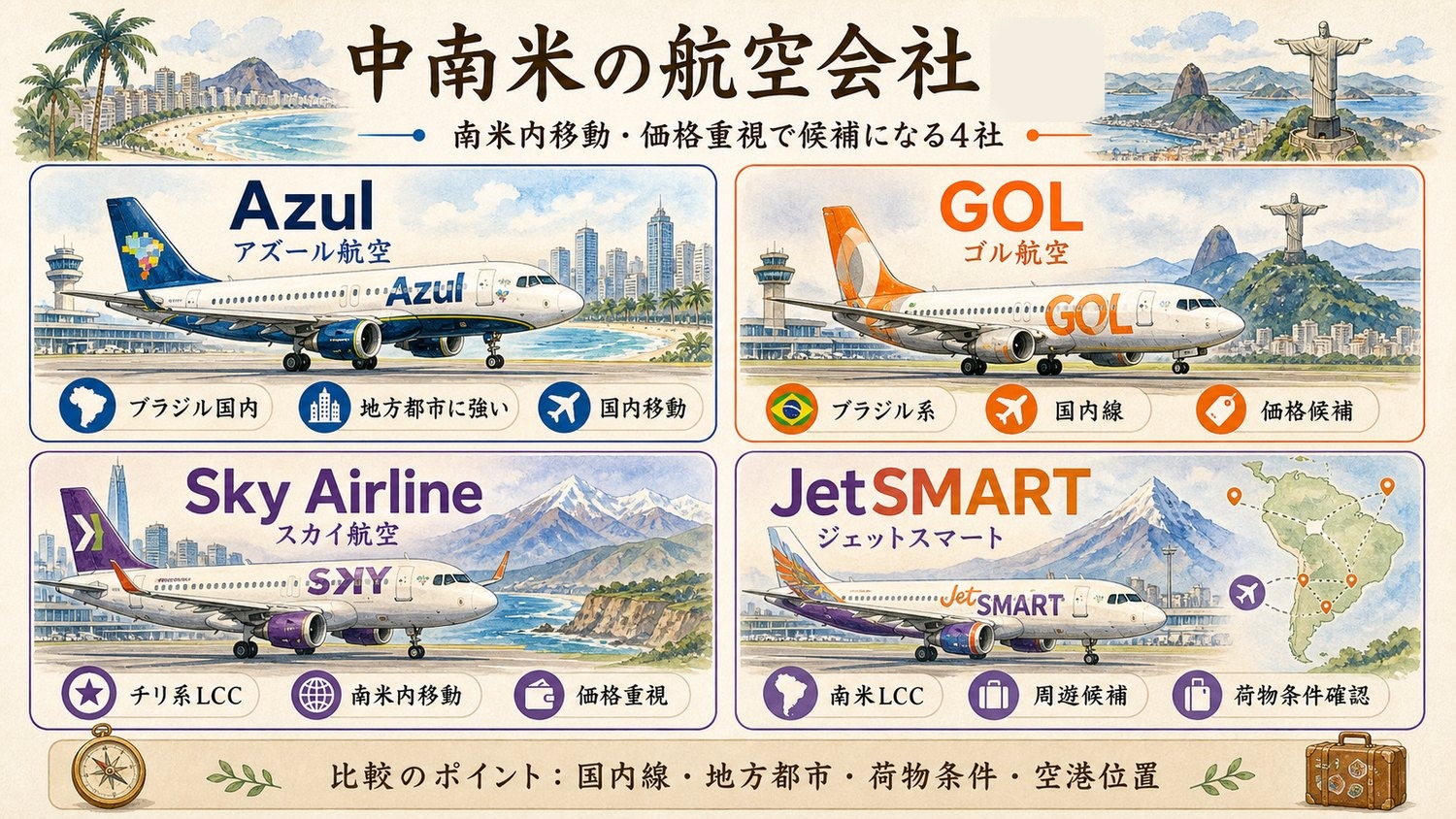 Azul、GOL、Sky Airline、JetSMARTを比較した中南米の低価格・国内移動系航空会社イメージ図