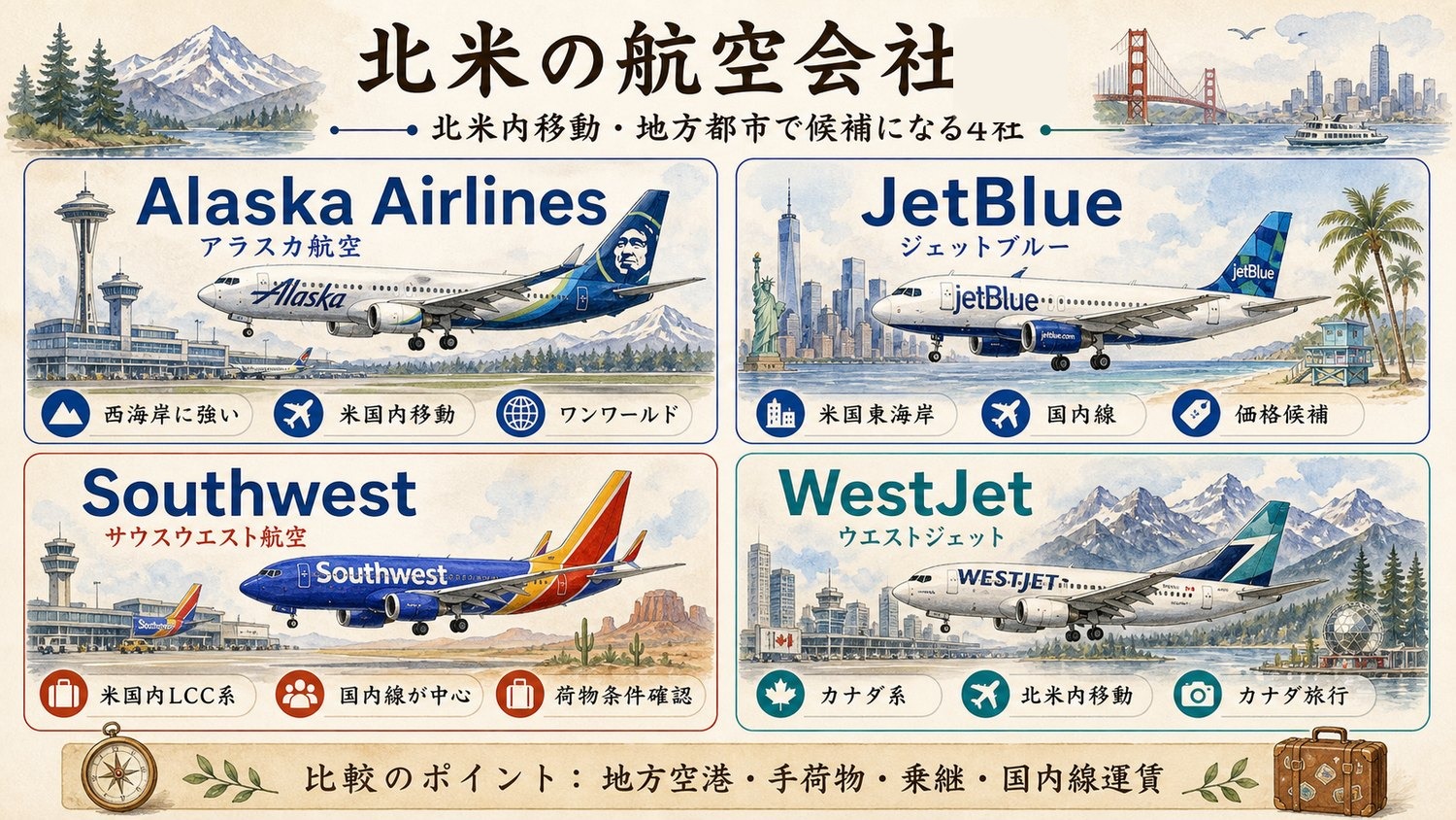 Alaska Airlines、JetBlue、Southwest、WestJetを比較した北米の低価格・国内移動系航空会社イメージ図