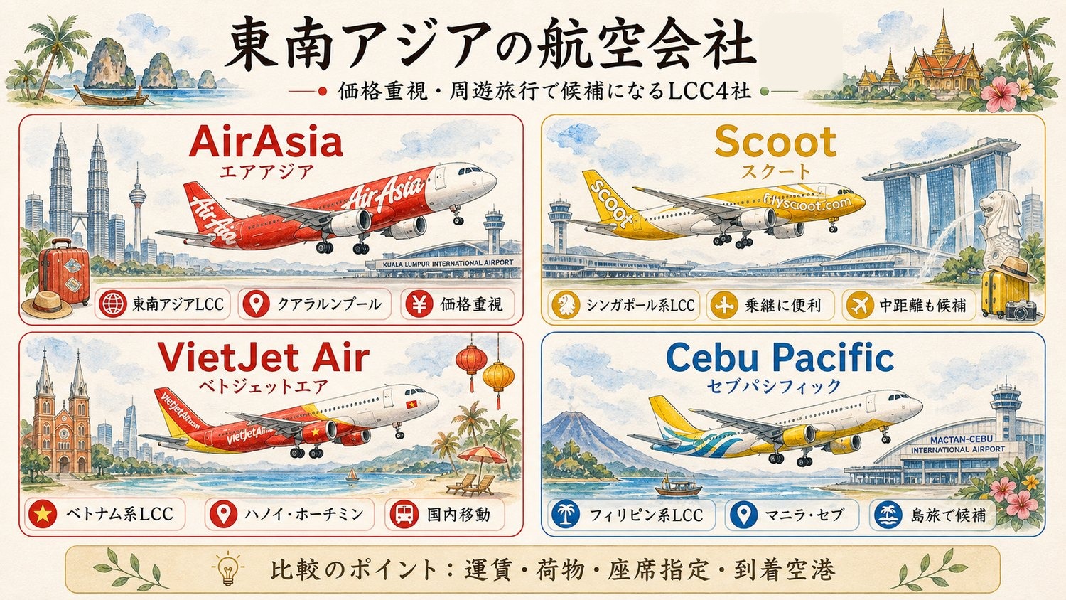 AirAsia、Scoot、VietJet Air、Cebu Pacificを比較した東南アジアのLCCイメージ図