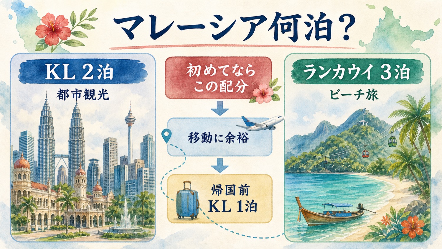 クアラルンプール2泊、ランカウイ3泊、帰国前クアラルンプール1泊の配分をまとめたマレーシア旅行図解