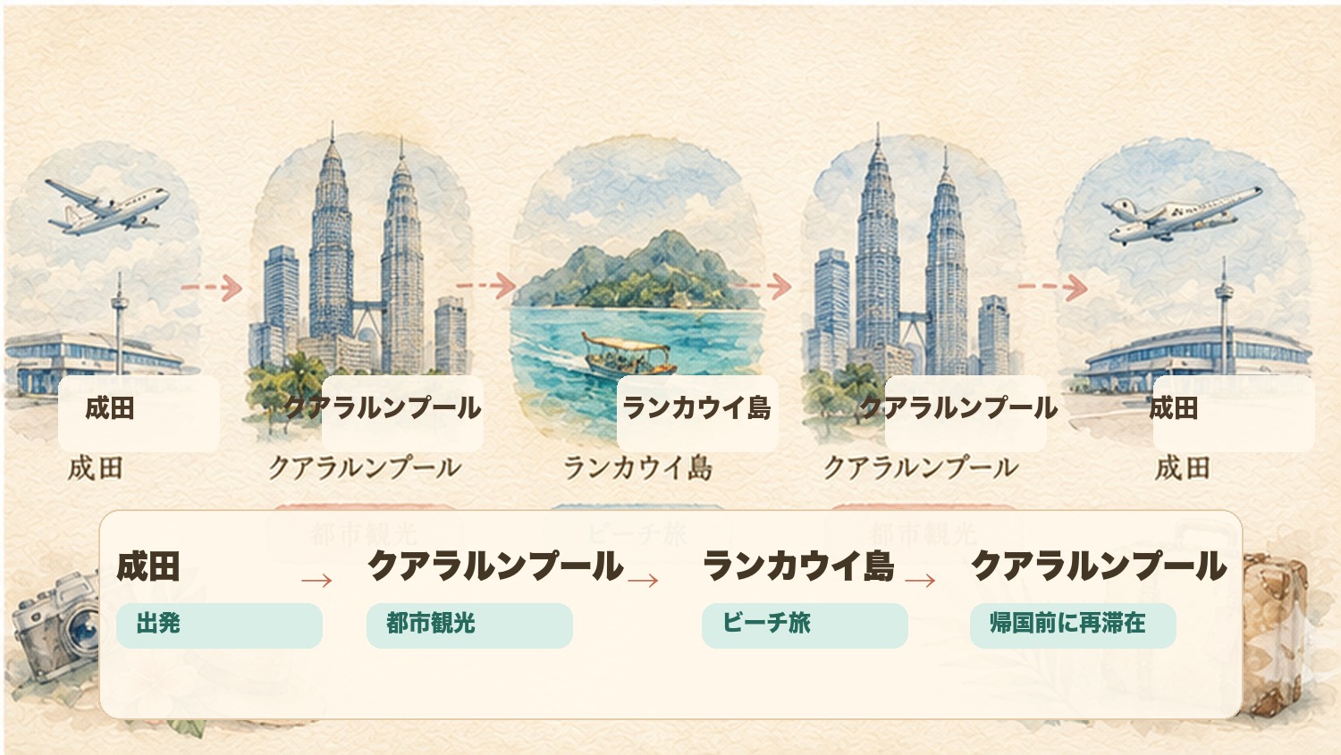 成田からクアラルンプール、ランカウイ島へ向かうマレーシア旅行の流れイメージ