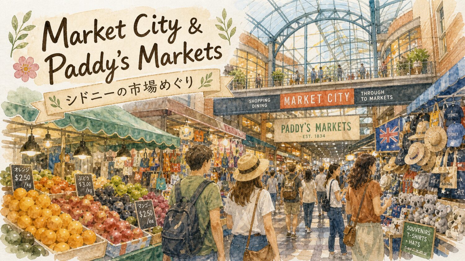 シドニーのMarket CityとPaddy's Marketsを歩く水彩タッチのイメージ