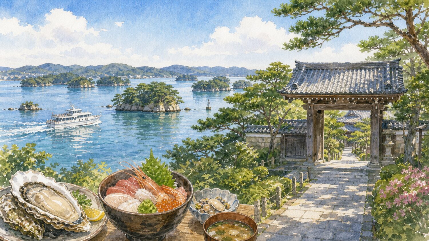 松島湾の島々と遊覧船、瑞巌寺を思わせる寺院、牡蠣や海鮮を描いた水彩イラスト