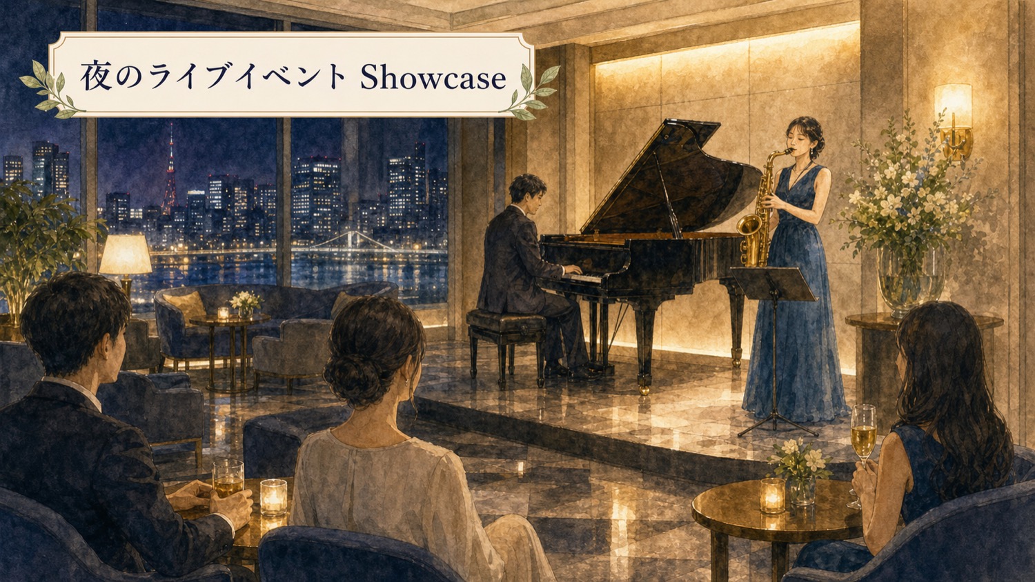 メズム東京の夜のライブイベントShowcaseのイメージ。ピアノとサックスの生演奏をラウンジで楽しむ水彩イラスト