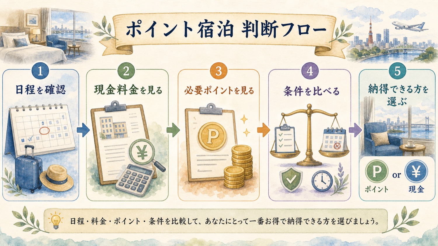 ホテルのポイント宿泊と現金予約を比較する判断フロー。日程、現金料金、必要ポイント、条件を比べて納得できる方を選ぶ
