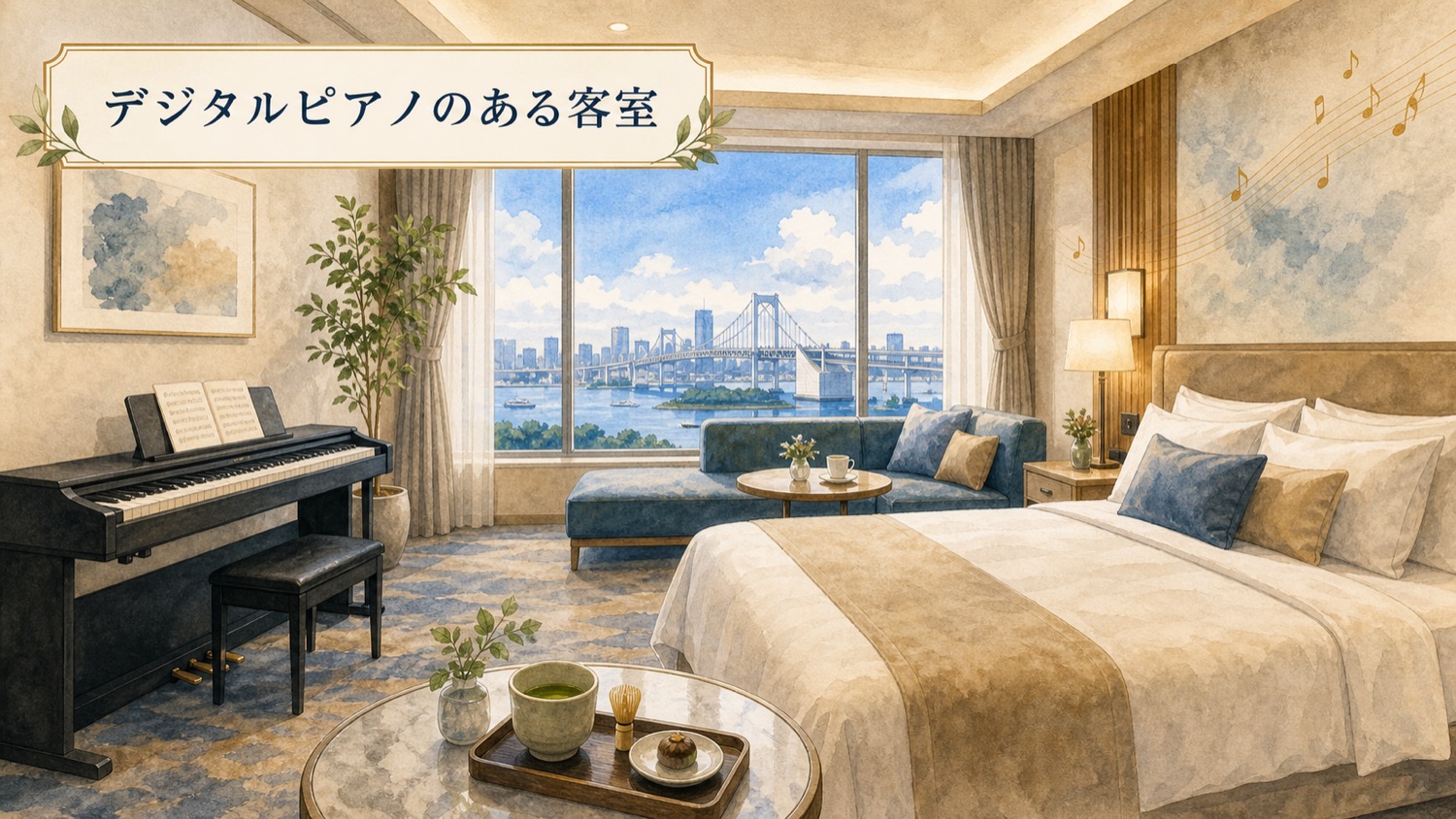 メズム東京のデジタルピアノのある客室イメージ。窓辺のソファ、東京湾方面の眺望、ベッドを水彩で表現