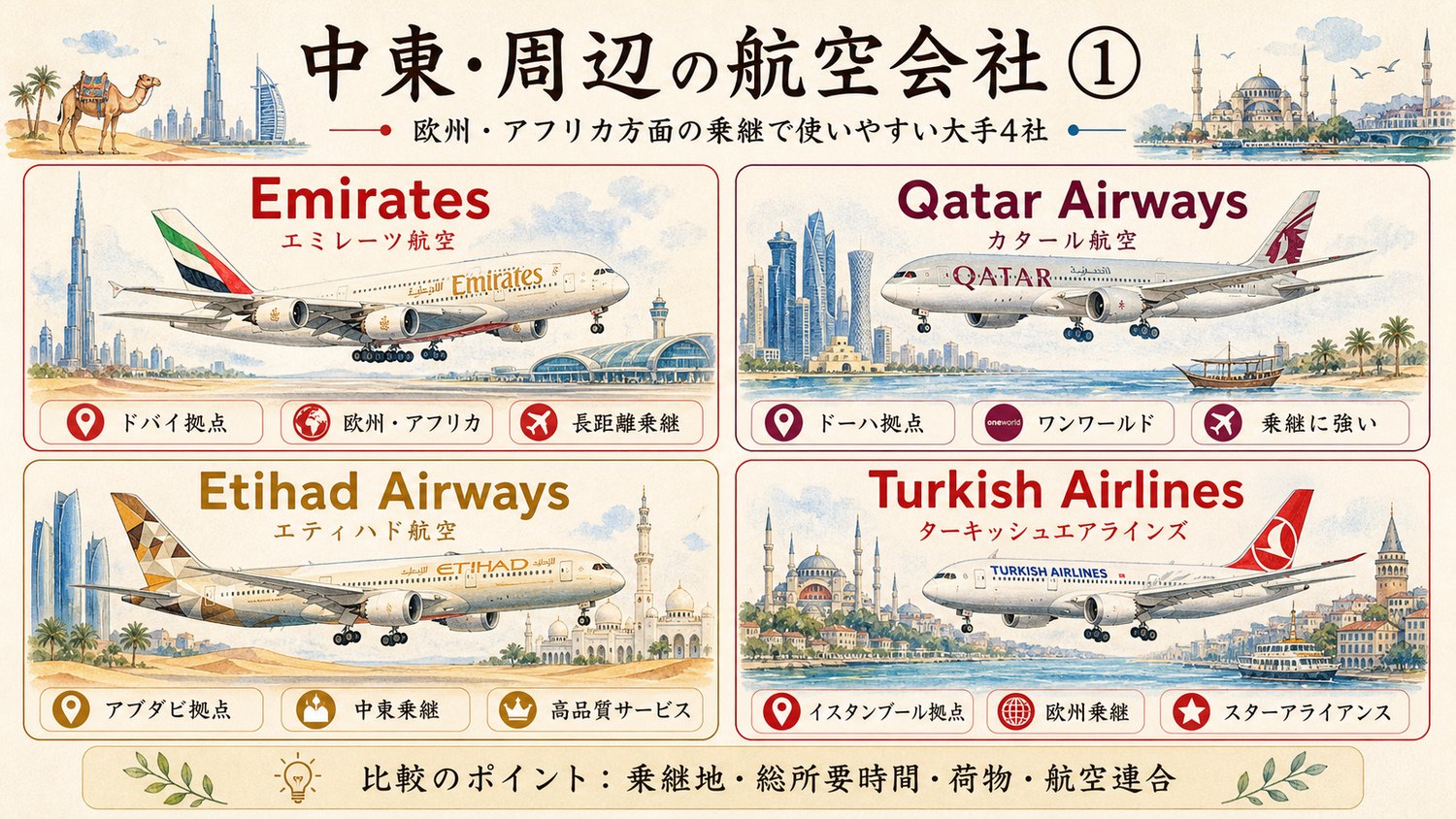 中東乗継で候補になる大手航空会社を比較したイメージ図