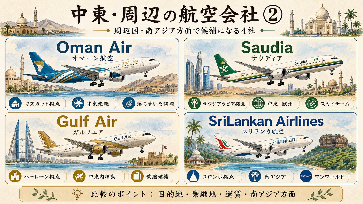中東周辺国や南アジア方面で候補になる航空会社を比較したイメージ図