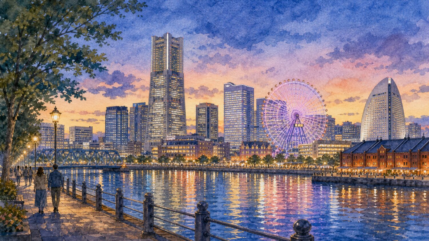 横浜みなとみらいの夕暮れから夜景を水彩タッチで描いたイメージ