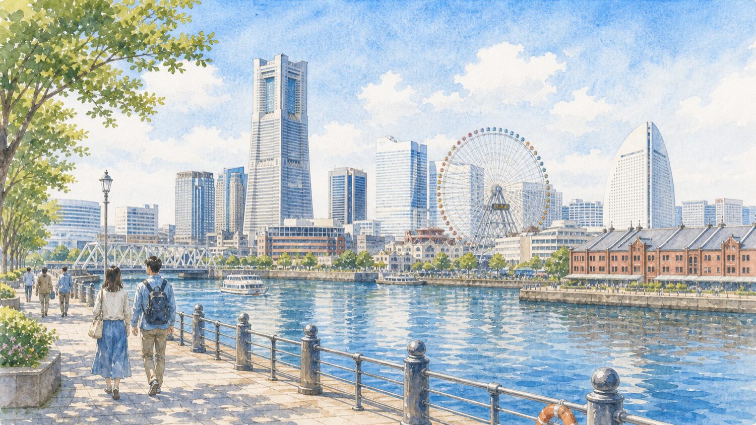 横浜みなとみらいのランドマークタワー、観覧車、 waterfront を水彩タッチで描いたイメージ