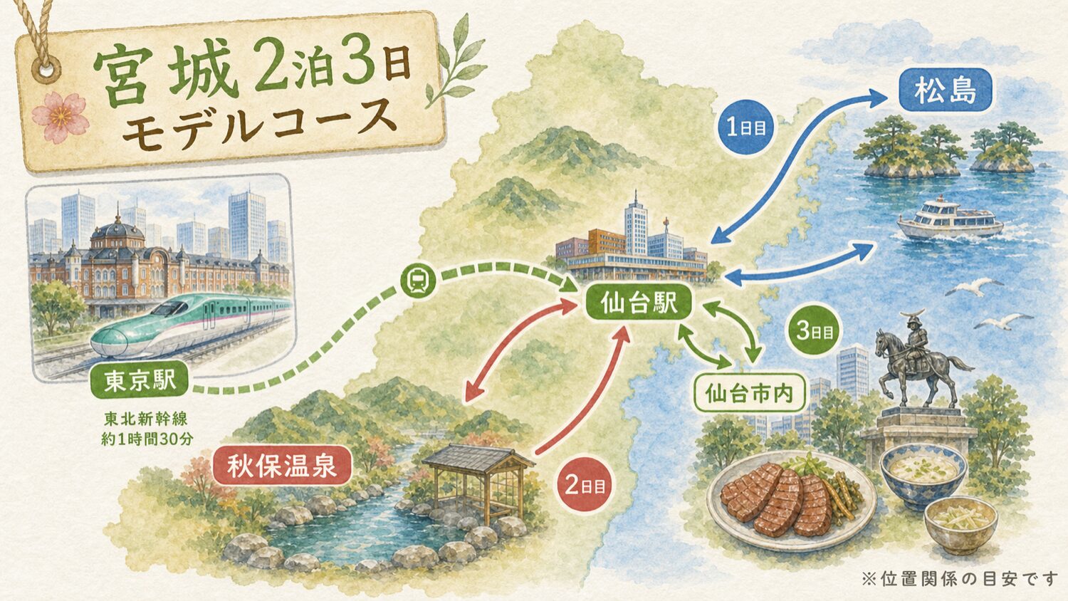 東京から仙台へ向かい、仙台駅を起点に松島と秋保温泉、仙台市内を2泊3日で巡る流れを示した水彩マップ