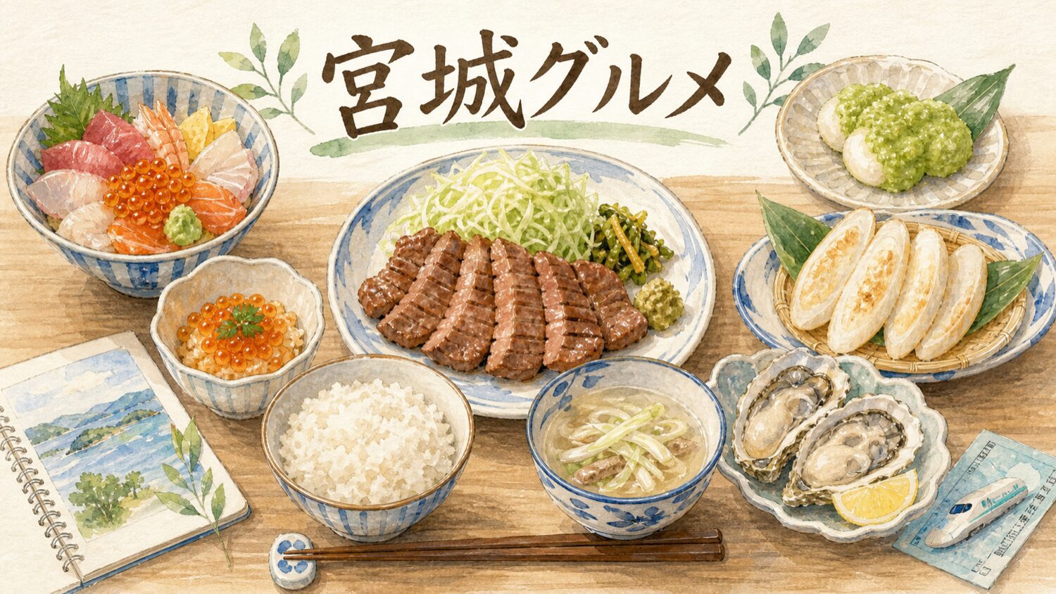 牛たん定食、ずんだ餅、笹かまぼこ、松島の牡蠣、海鮮丼、はらこ飯を並べた宮城グルメの水彩イラスト