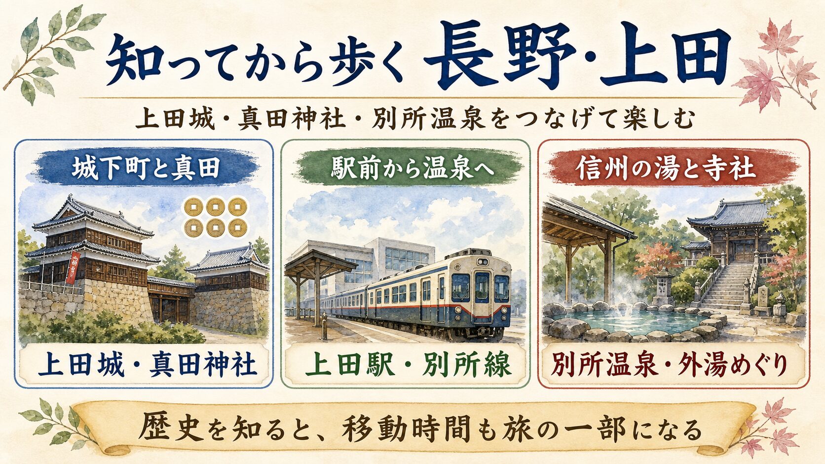 長野・上田の上田城、真田神社、別所温泉を知ってから歩くための水彩インフォグラフィック