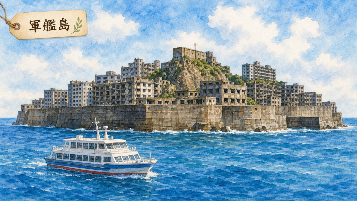 長崎の軍艦島とツアー船を描いた水彩イラスト