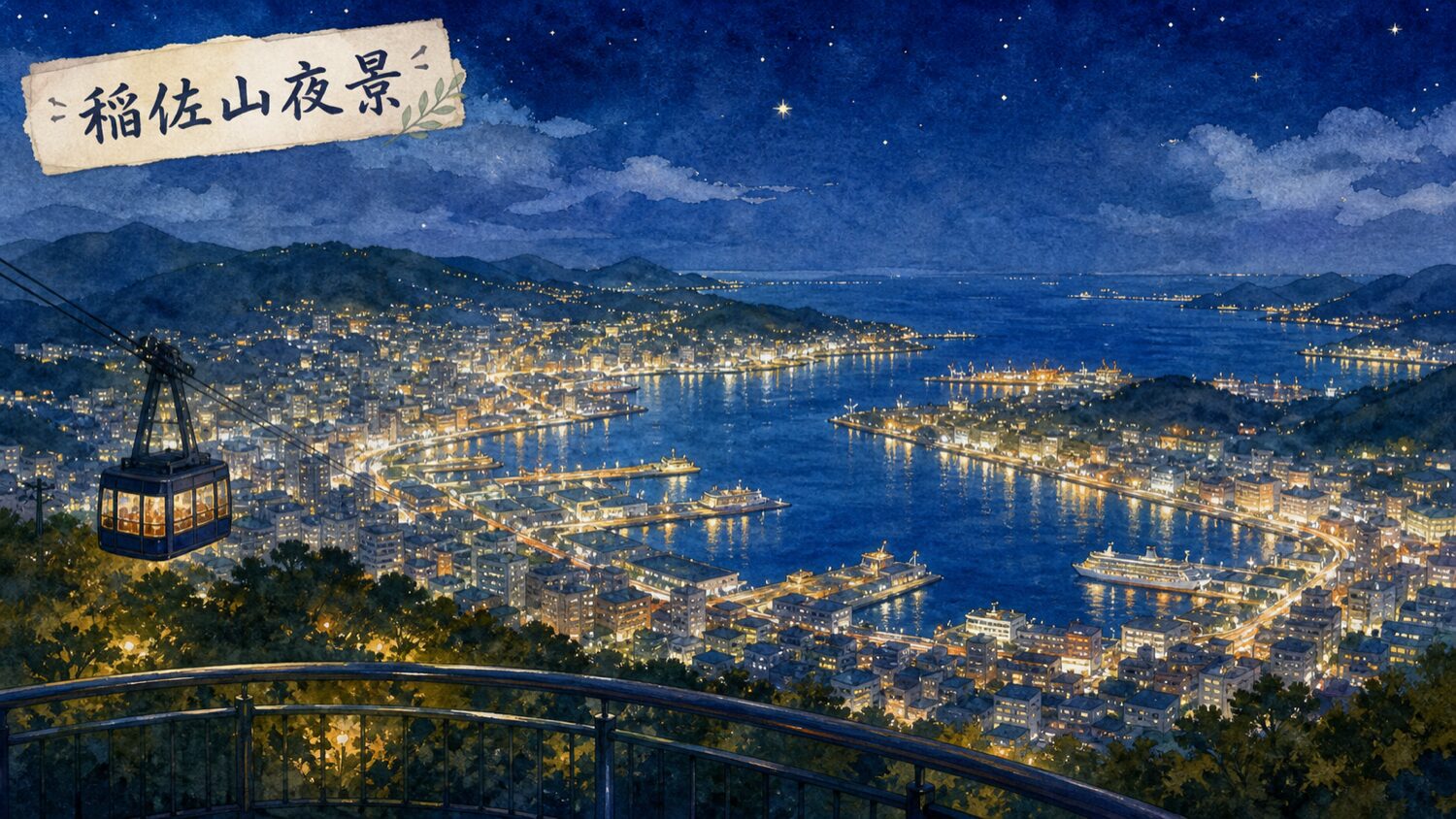 稲佐山から見た長崎港の夜景。海へつながる湾と街明かりを描いた水彩イラスト