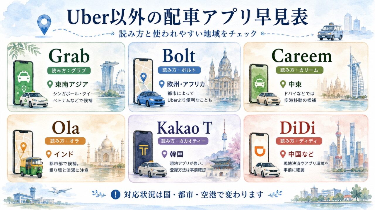 Uber以外の配車アプリの読み方と利用地域をまとめた水彩図解