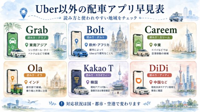 Uber以外の配車アプリの読み方と利用地域をまとめた水彩図解