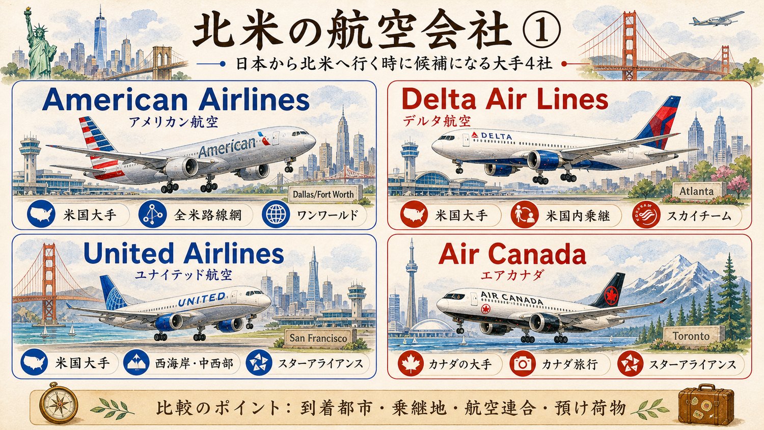 日本から北米へ行く時に候補になる航空会社を比較したイメージ図