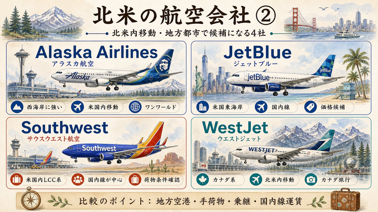 北米内移動や地方都市で候補になる航空会社を比較したイメージ図