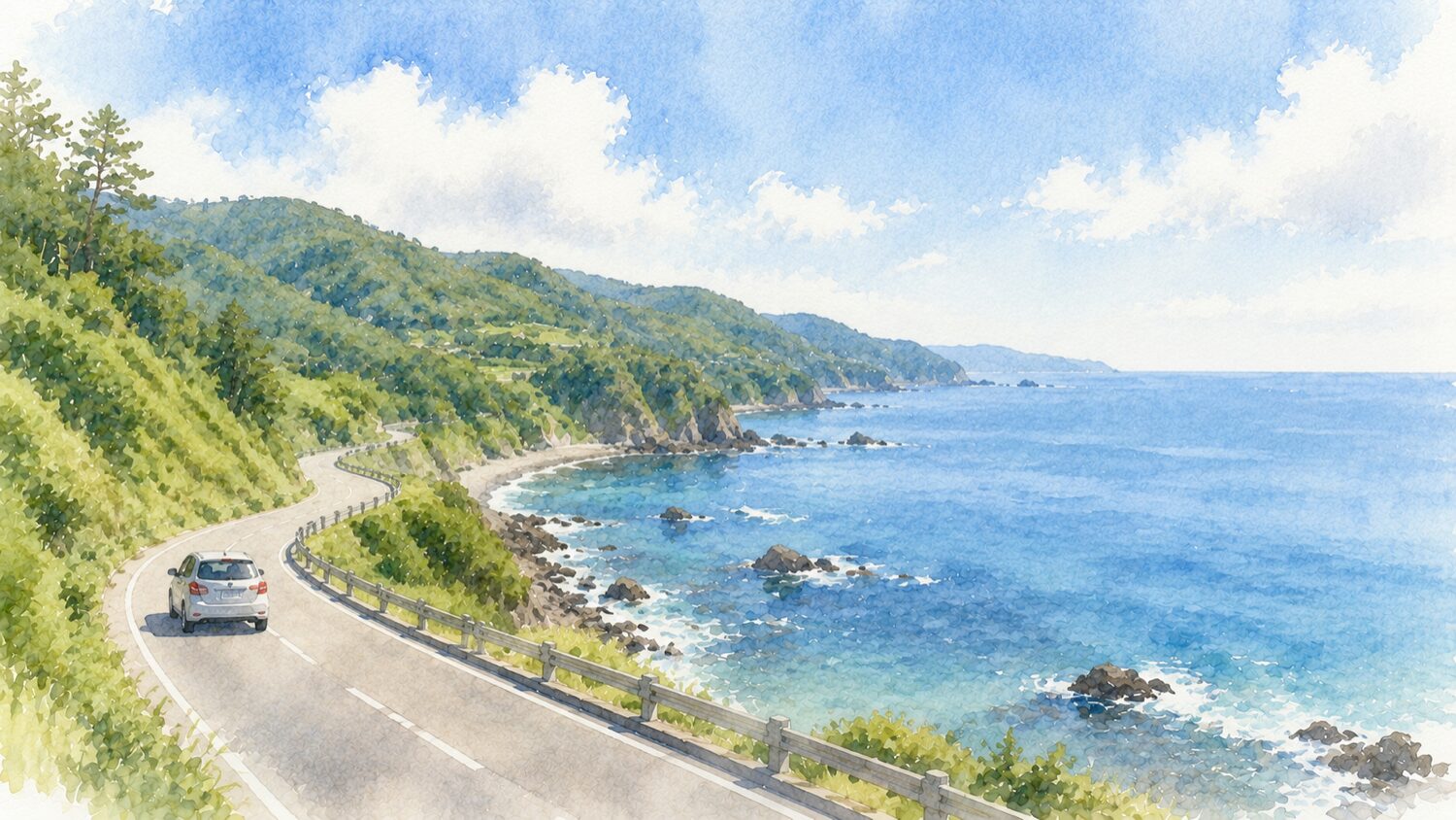能登半島の海岸線をドライブする旅を水彩タッチで描いたイメージ