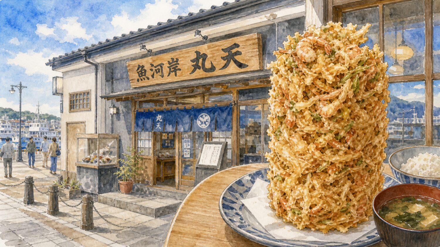 沼津港の魚河岸丸天の外観と名物のかき揚げタワーを描いた水彩イラスト