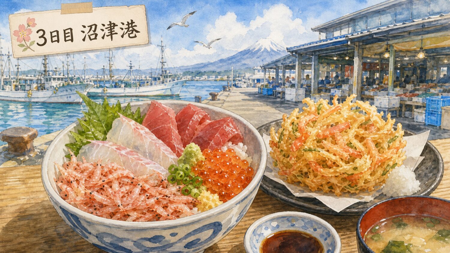 沼津港の魚市場と海鮮丼とかき揚げを描いた水彩イメージ