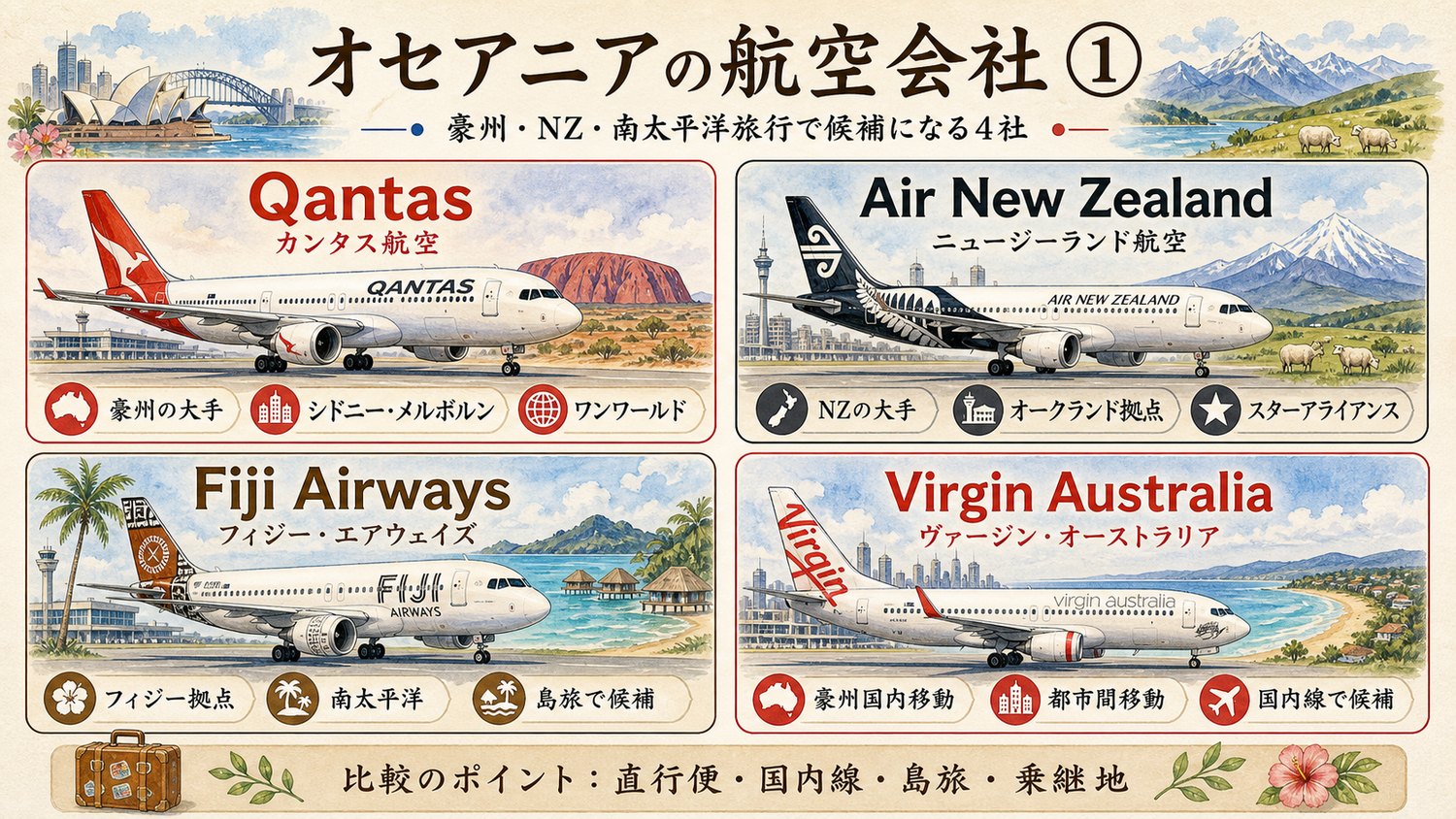 豪州、ニュージーランド、南太平洋旅行で候補になる航空会社を比較したイメージ図