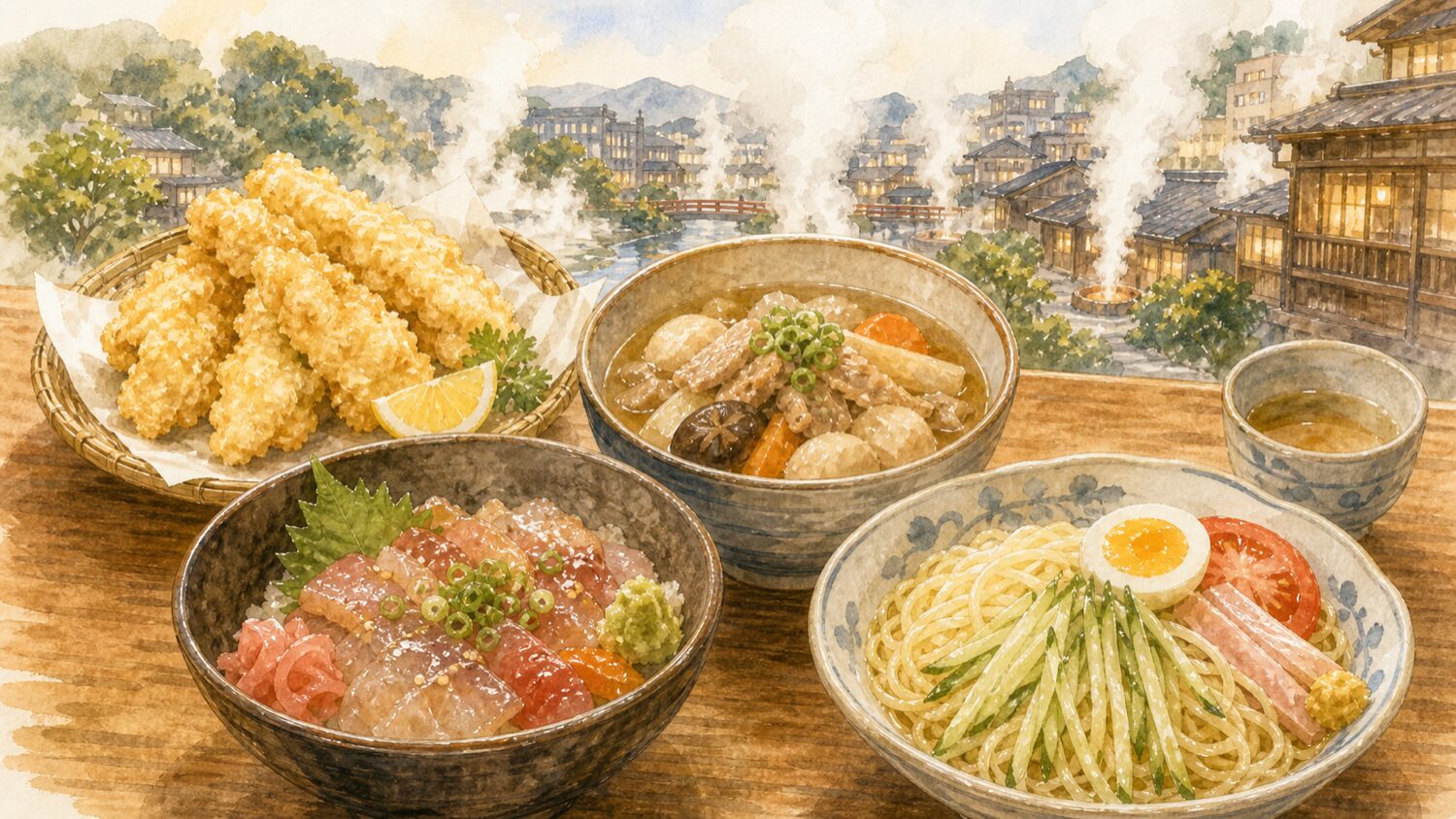 大分・別府グルメのとり天、だんご汁、りゅうきゅう、別府冷麺を水彩タッチで描いたイメージ