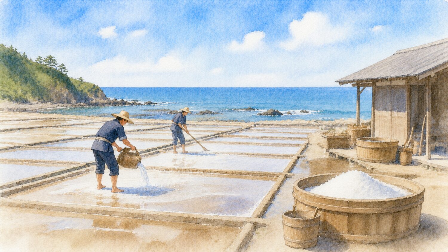奥能登塩田村の塩づくりと海沿いの塩田を水彩タッチで描いたイメージ