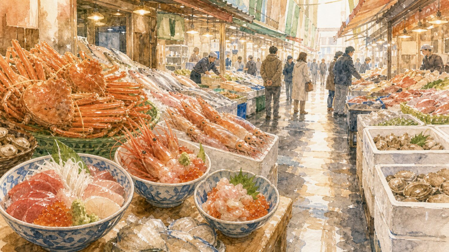 近江町市場のカニや甘えび、海鮮丼を水彩タッチで描いたイメージ