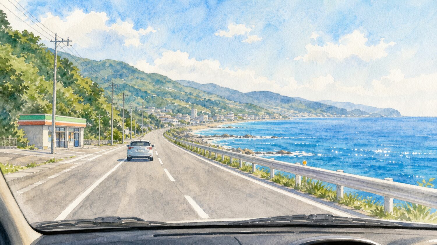 小樽から余市へ向かう日本海沿いの道路とレンタカーを描いた水彩イラスト