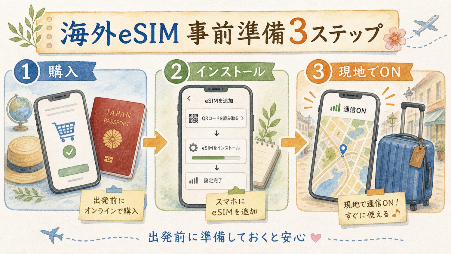海外eSIMを購入しスマホにインストールして現地でオンにする3ステップを描いた水彩イラスト
