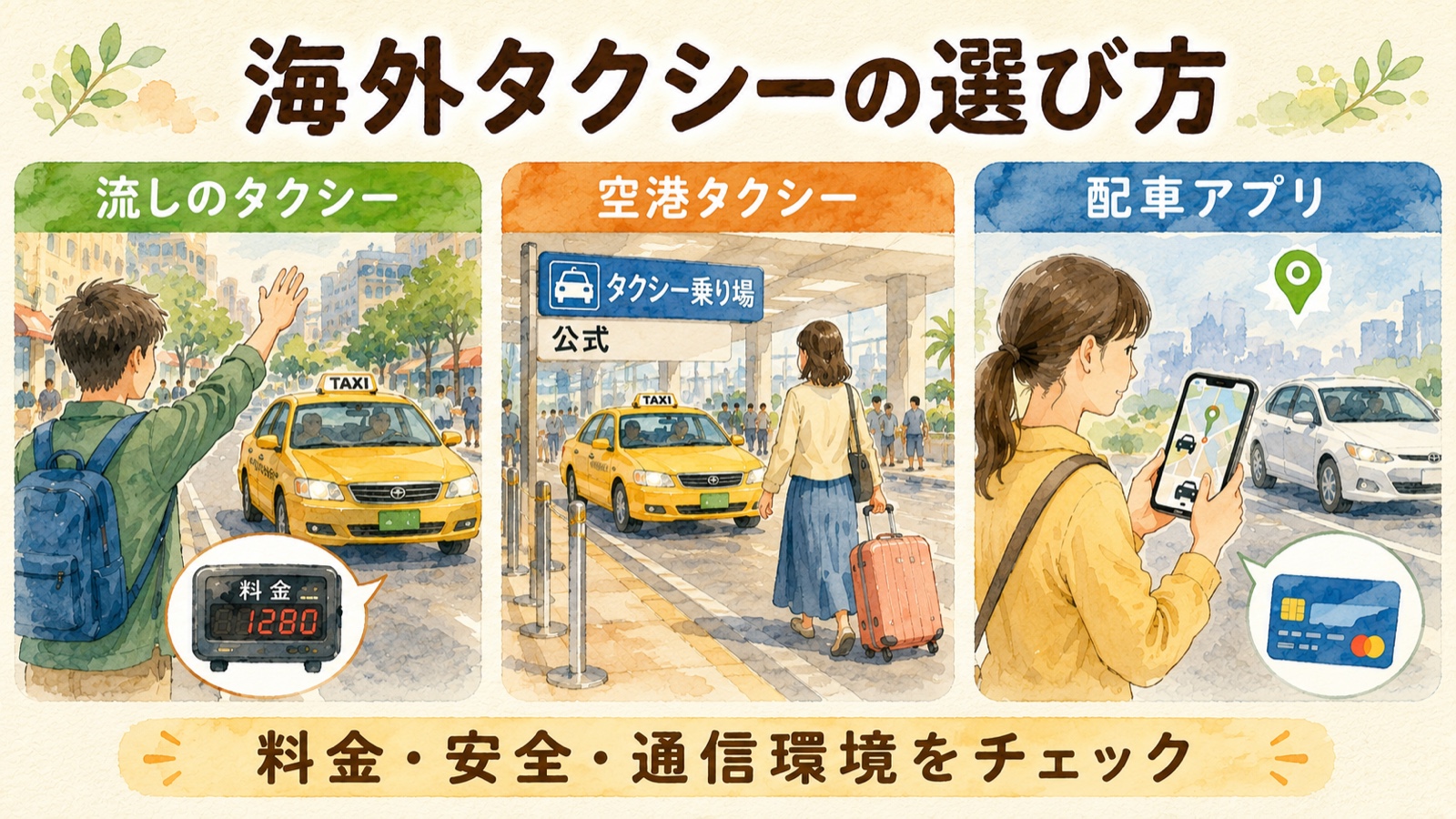 海外タクシーの選び方を比較した水彩イラスト
