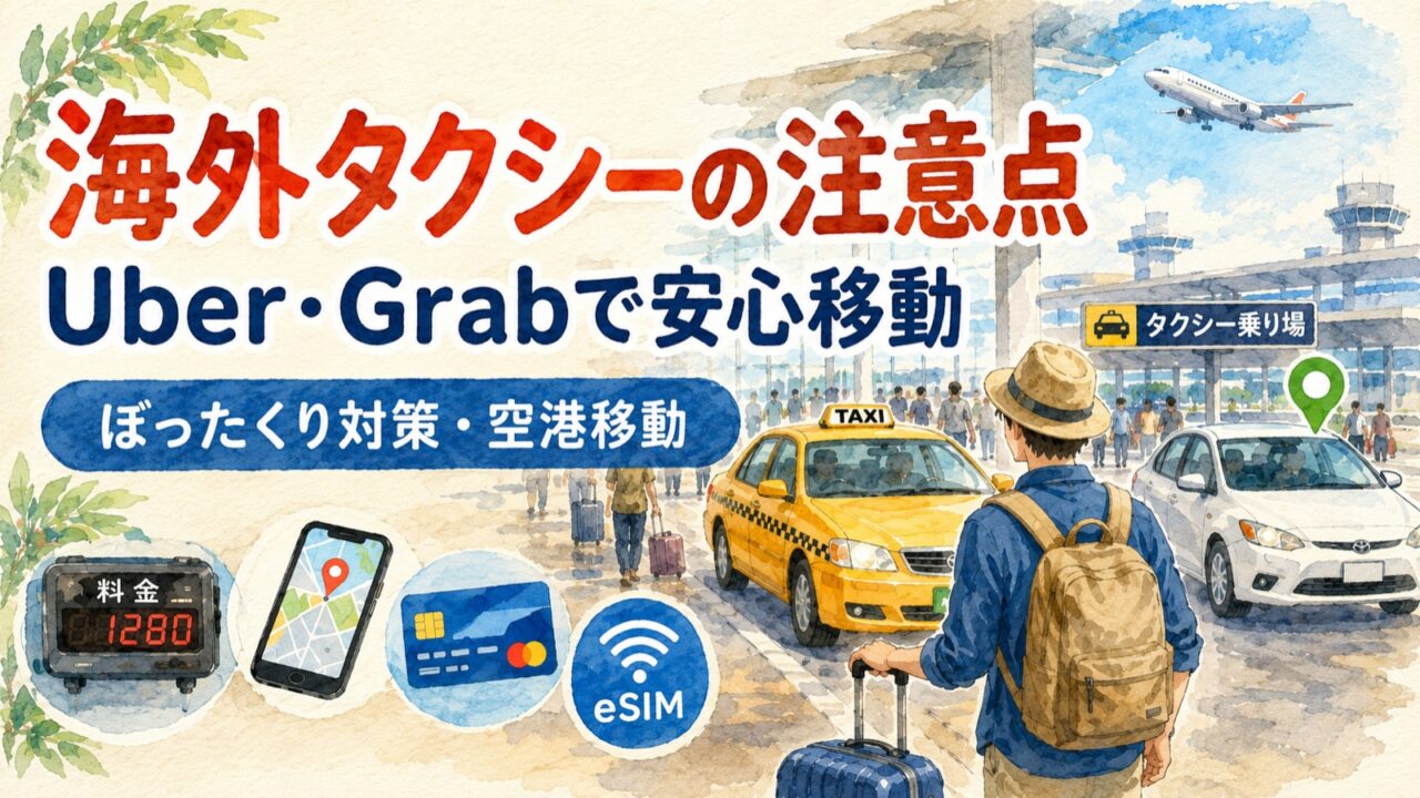 海外旅行でタクシーや配車アプリを使う注意点をまとめたアイキャッチ画像