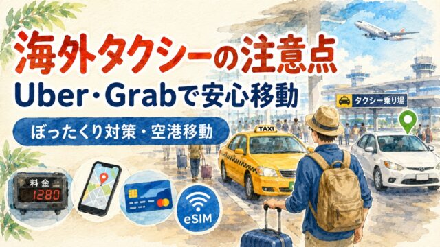 海外旅行でタクシーや配車アプリを使う注意点をまとめたアイキャッチ画像
