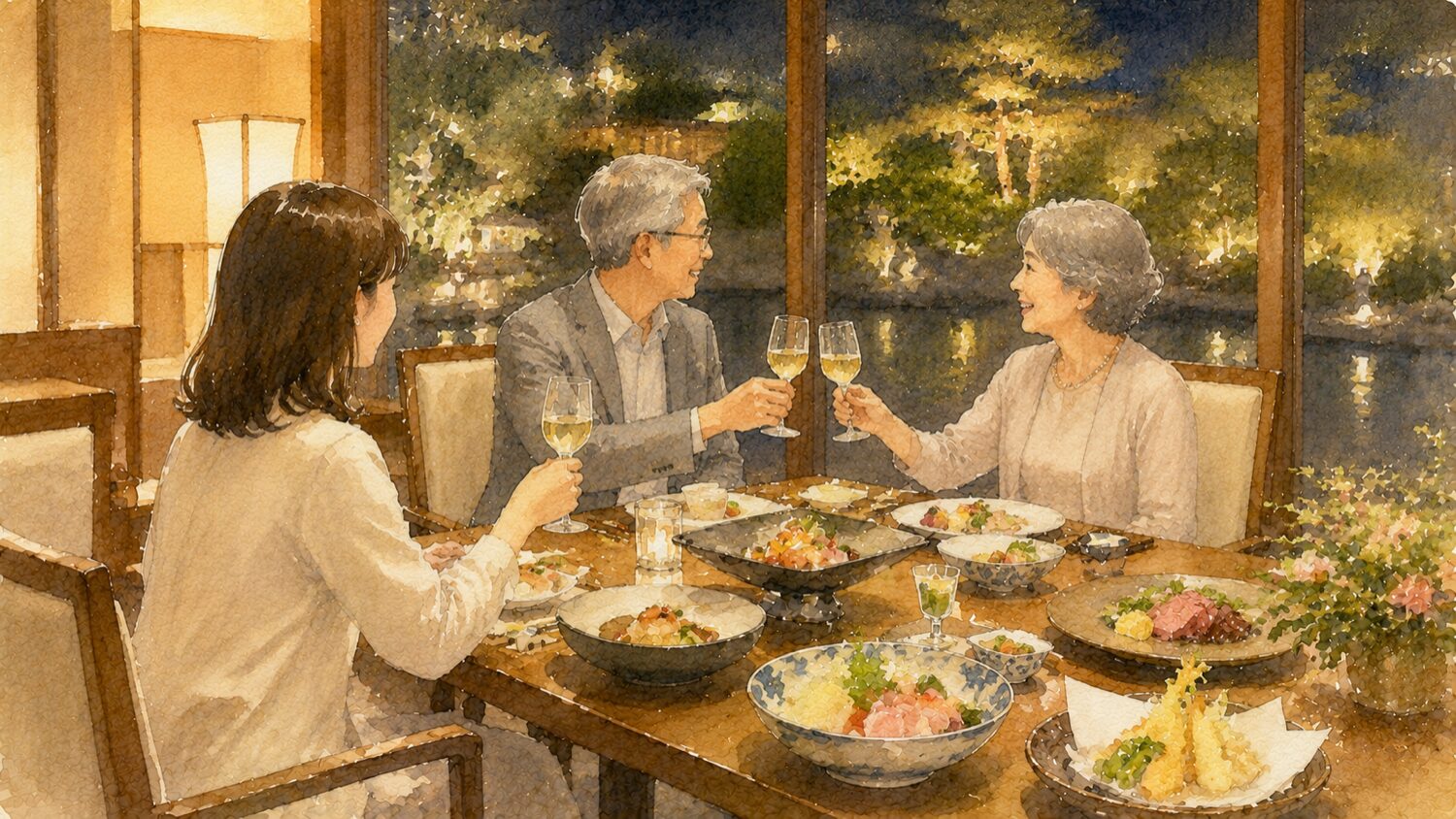 親孝行旅行で両親とホテルの夕食を楽しむ様子を水彩タッチで描いたイメージ
