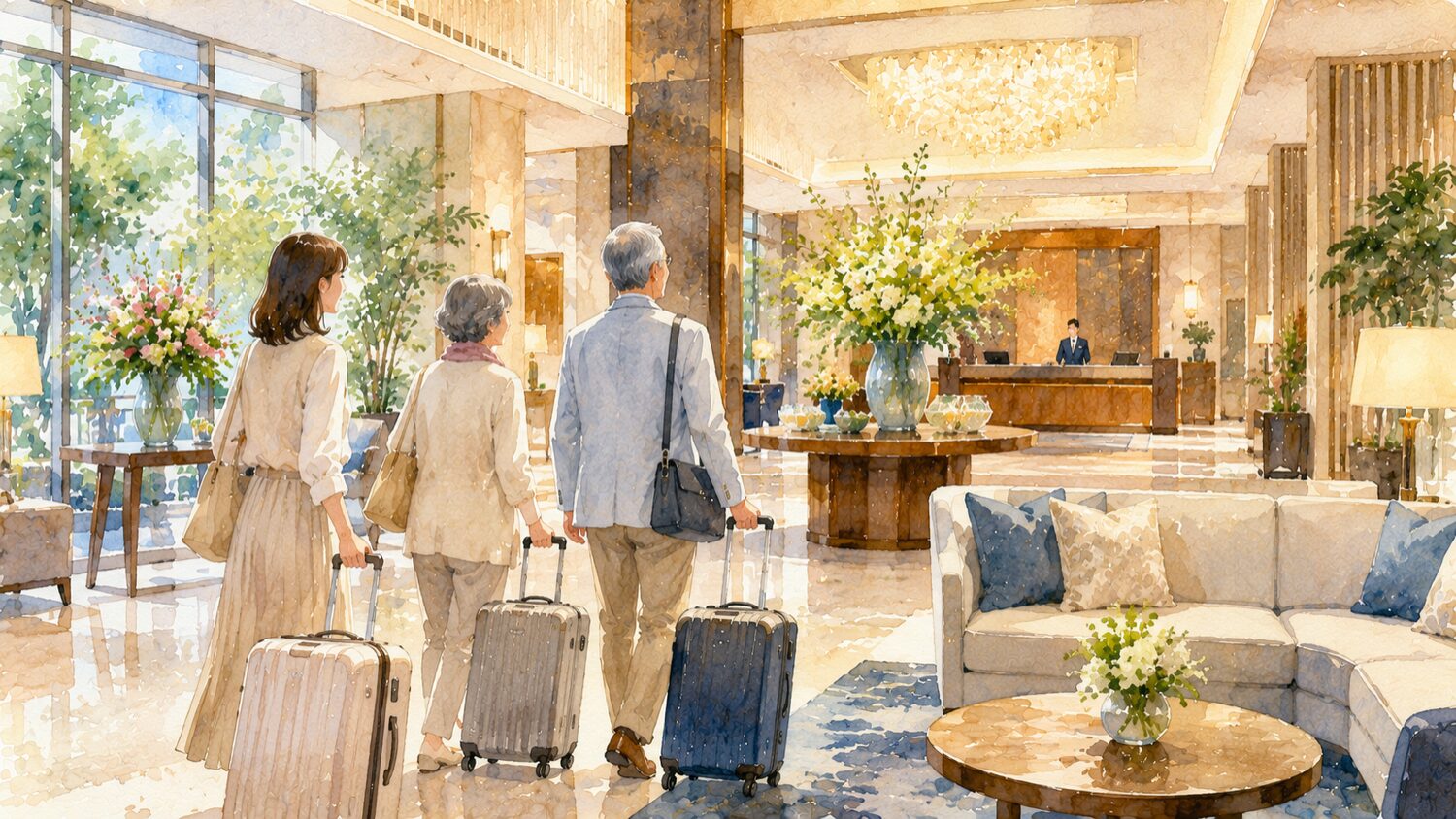親孝行旅行で両親と上質ホテルに到着する様子を水彩タッチで描いたイメージ