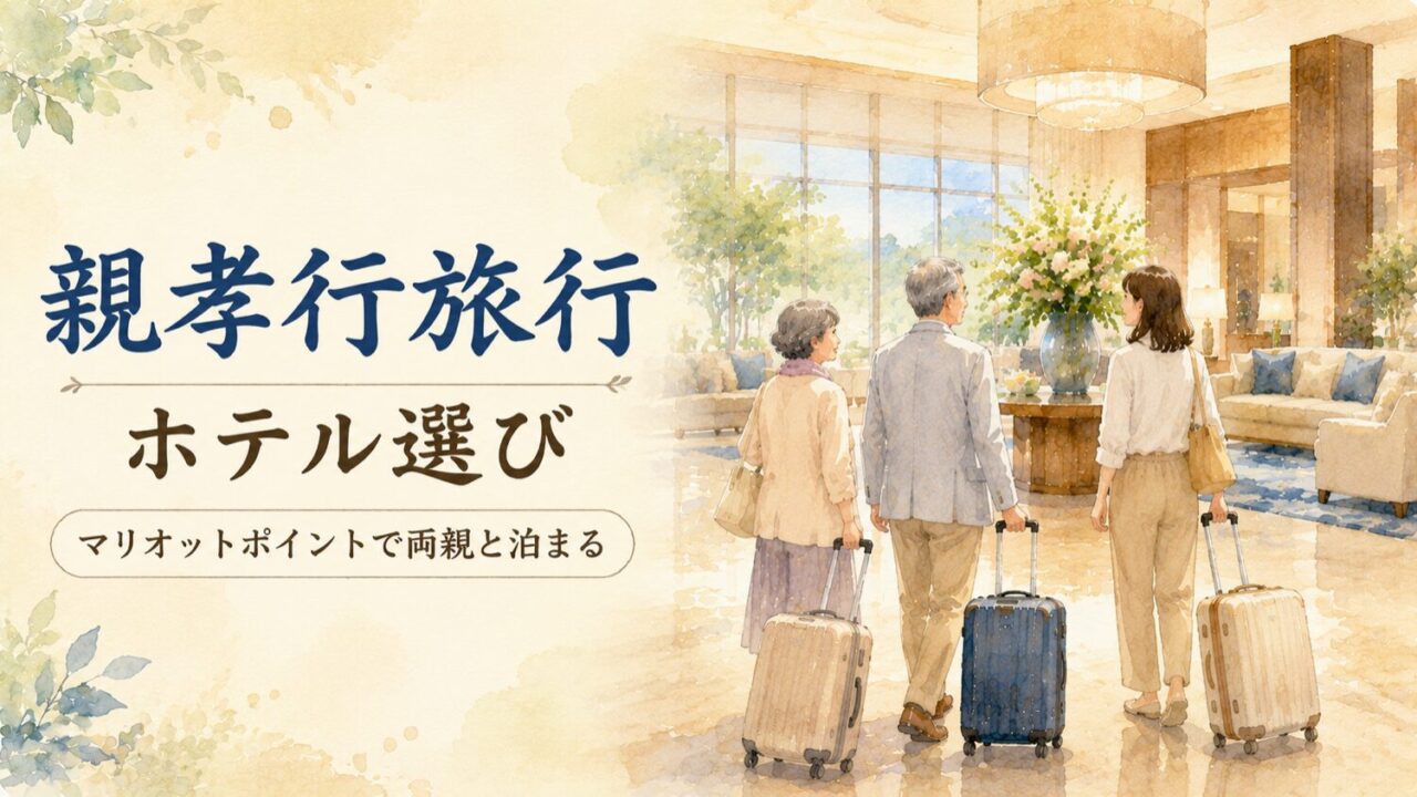 親孝行旅行とホテル選びをテーマにした水彩タッチのアイキャッチ画像