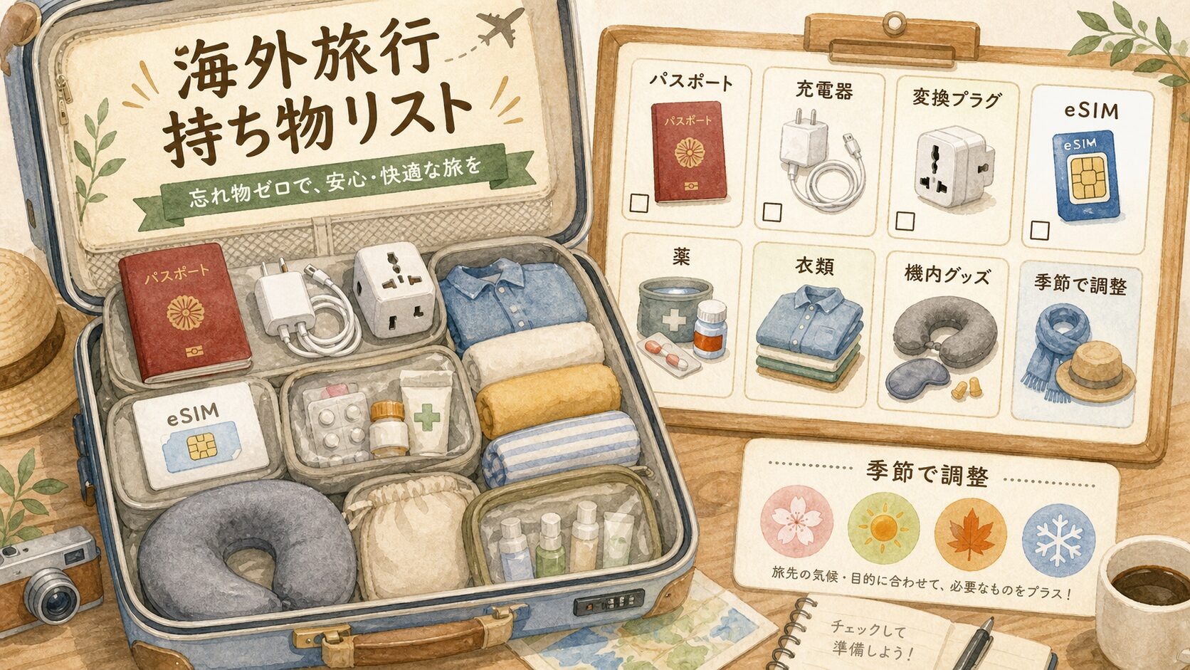 海外旅行のパスポート、充電器、変換プラグ、衣類、薬、機内グッズを整理した水彩図解