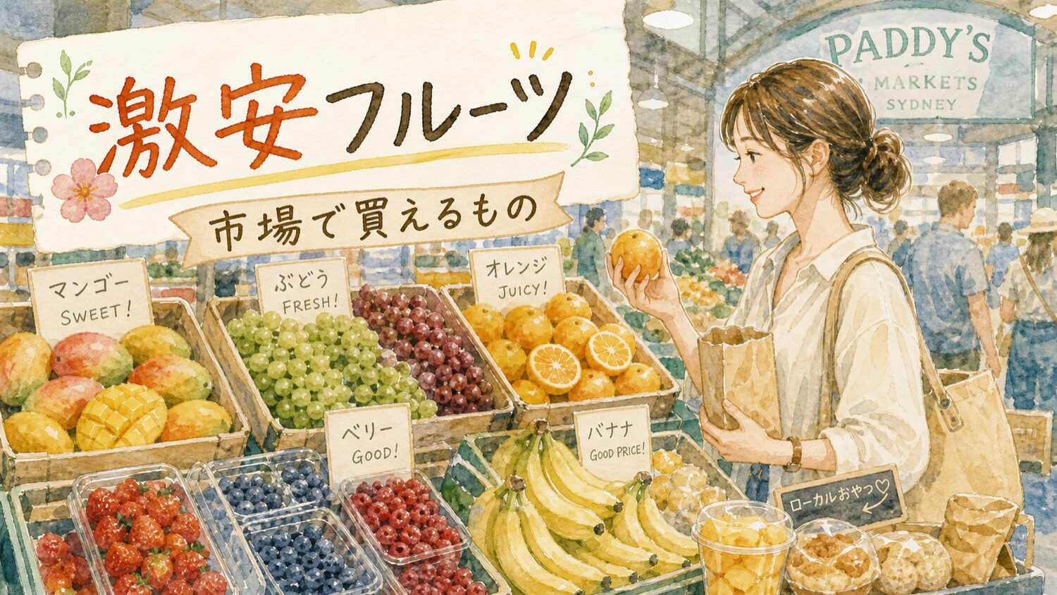 Paddy's Marketsでマンゴーやぶどうなどのフルーツを選ぶ水彩タッチのイメージ